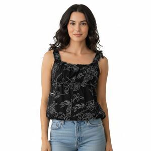 BCBGMaxazria Embroidered Floral Black & White Sleeveless Blouse Size XL